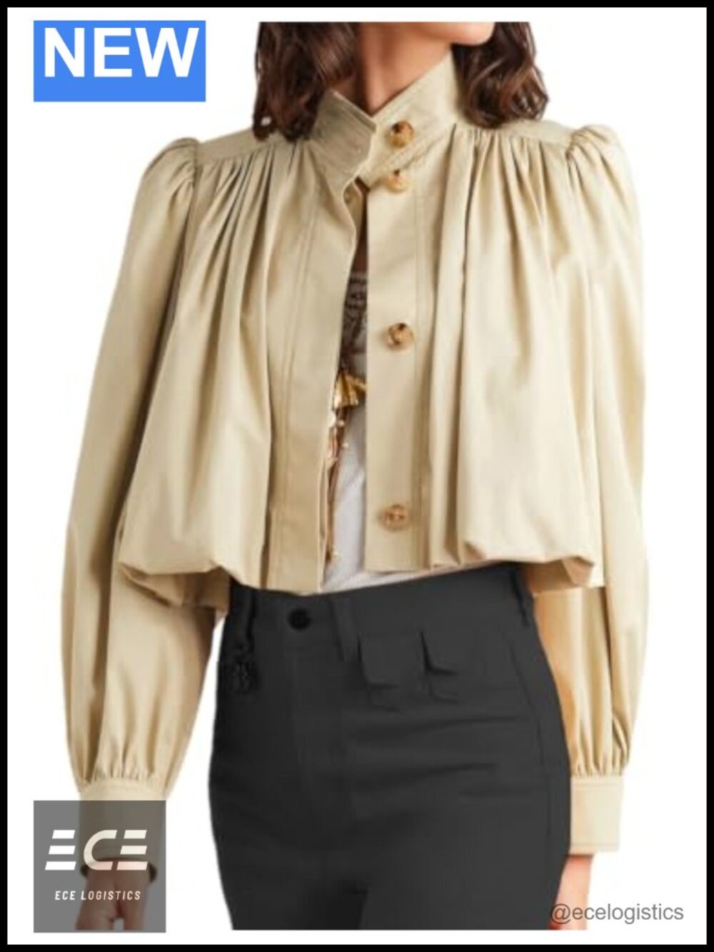 Cropped Pleated Trench Coat Button Front Casual Jacket